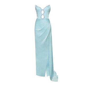 NWT MISS CIRCLE Marilyn Pale Blue Satin Crystal Embellished High Slit Gown XS
